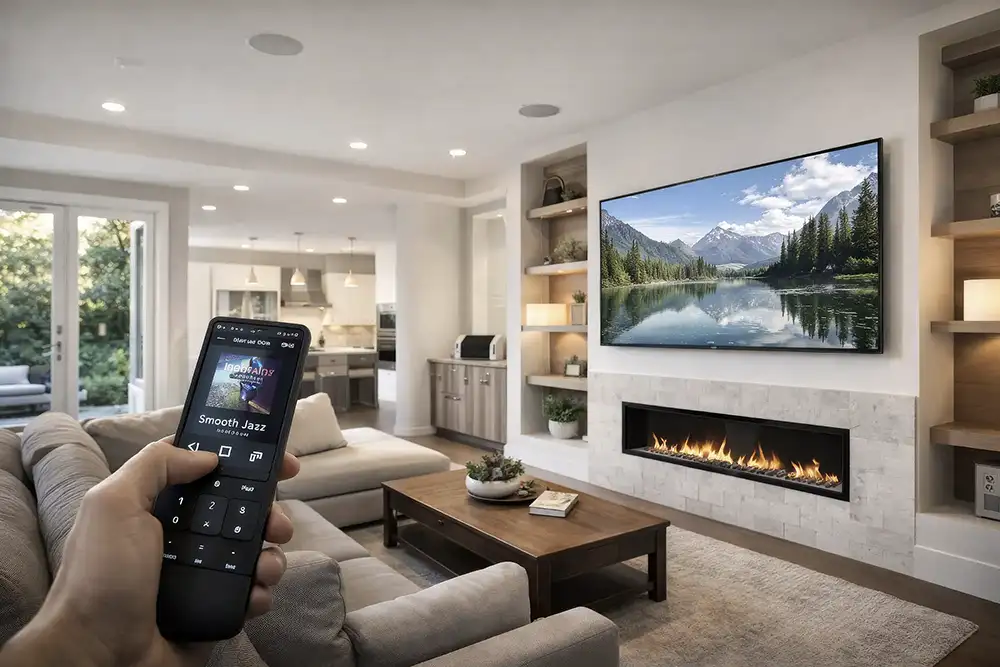 Home theater with TV over fireplace and soundbar